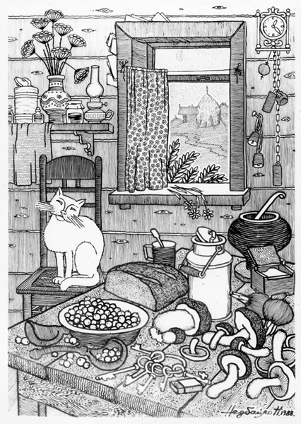 Натюрморт с грибами и кошкой